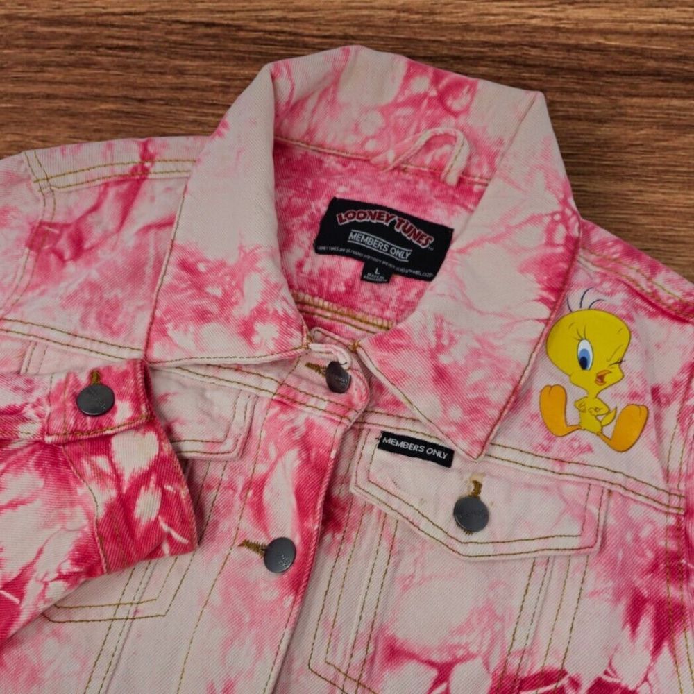 Looney Tunes x Members Only Jacket Size Large Pink Tie Dye‎ Tweety Bird Denim